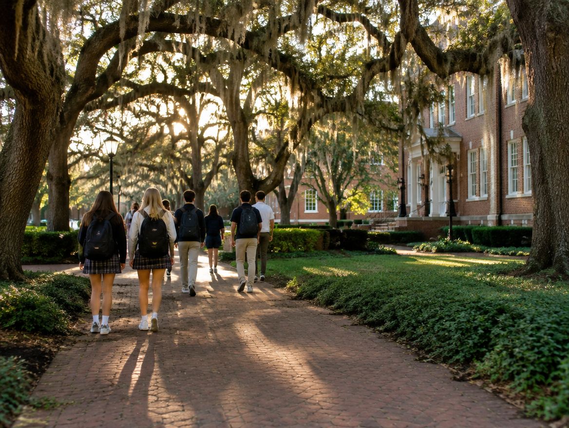 High school students walking under live oaks on a Baton Rouge private school campus